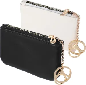 2 Pcs Leather Coin Purse Small Zipper Change Pouch with Keychain Mini Zip Key Ring Card Holder Portable Keychain Wallet Clutch for Women Men Kids Credit ID Folded Bills Headset Lipstick