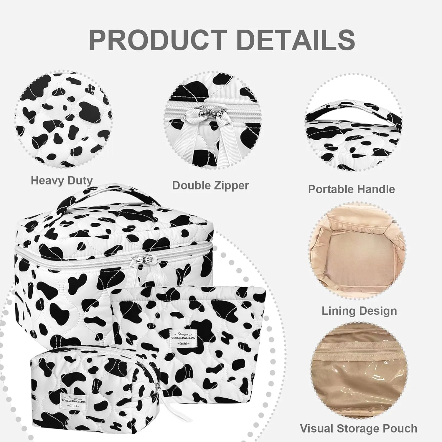 3 PCS Quilted Makeup Bag Set Coquette Cosmetic Bag Toiletry Travel Organizer, Small Medium Large, Cute Portable Puffy for Women Girls, Cow