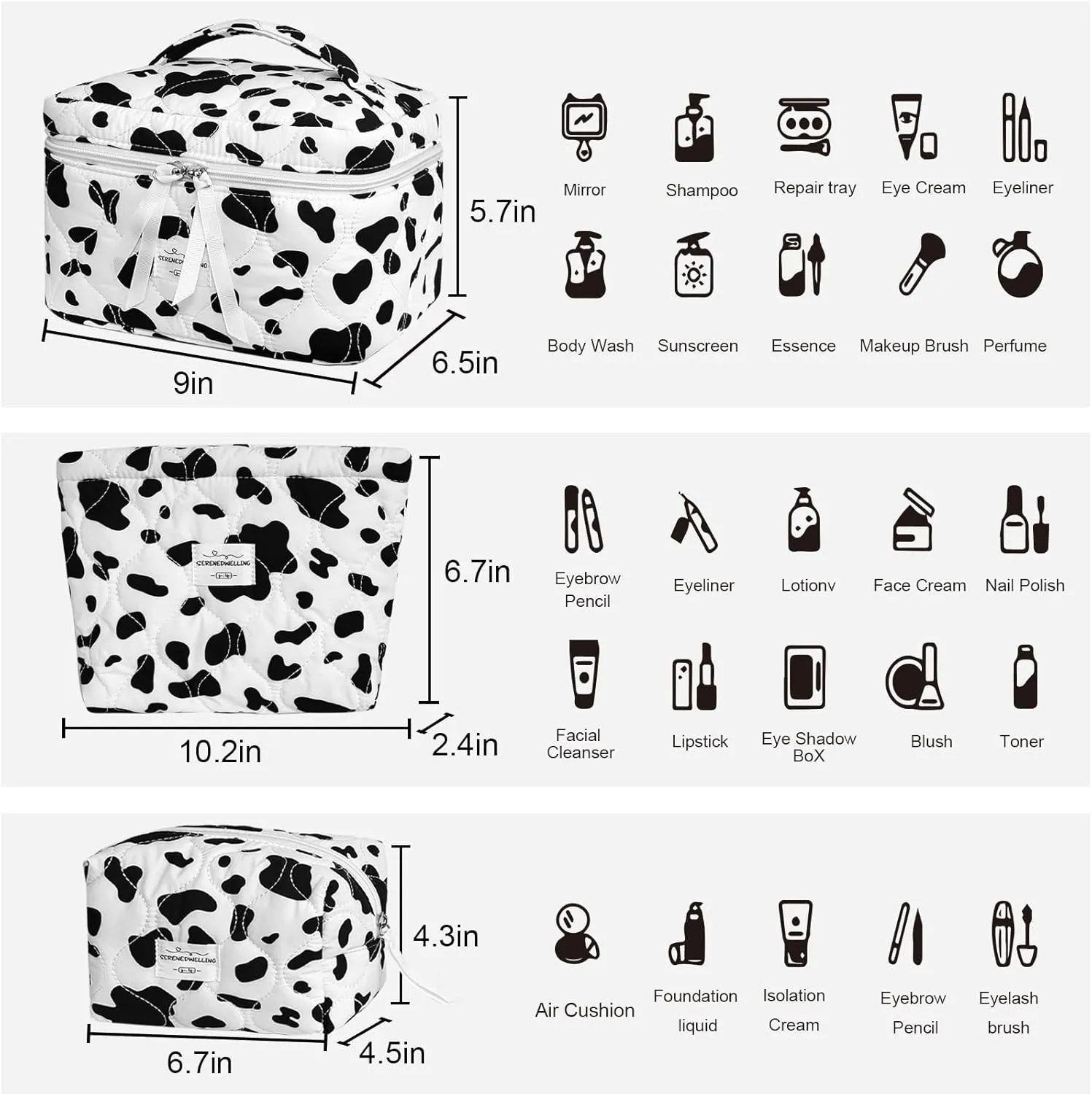 3 PCS Quilted Makeup Bag Set Coquette Cosmetic Bag Toiletry Travel Organizer, Small Medium Large, Cute Portable Puffy for Women Girls, Cow