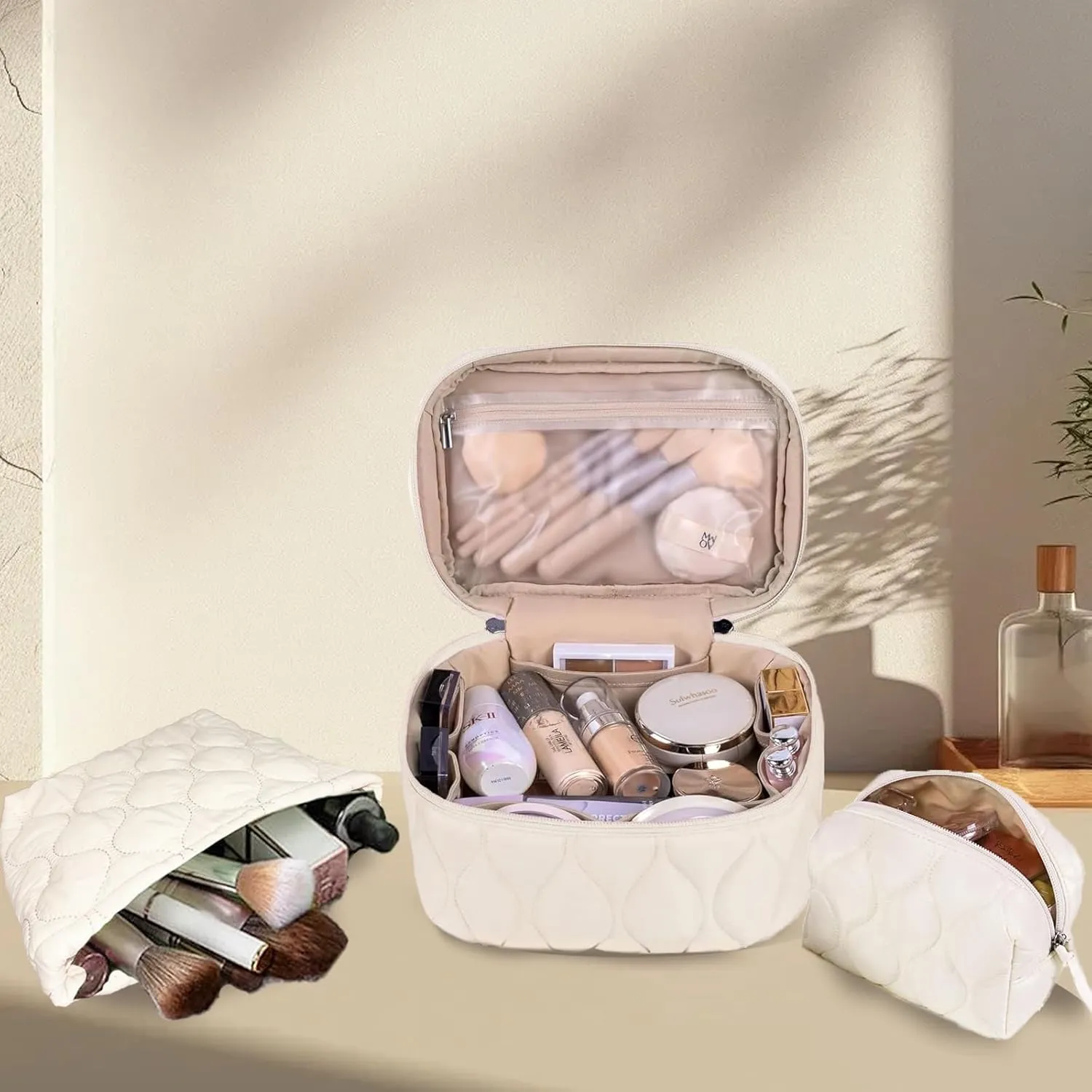 3 PCS Quilted Makeup Bag Set Coquette Cosmetic Bag Toiletry Travel Organizer, Small Medium Large, Cute Portable Puffy for Women Girls,Beige