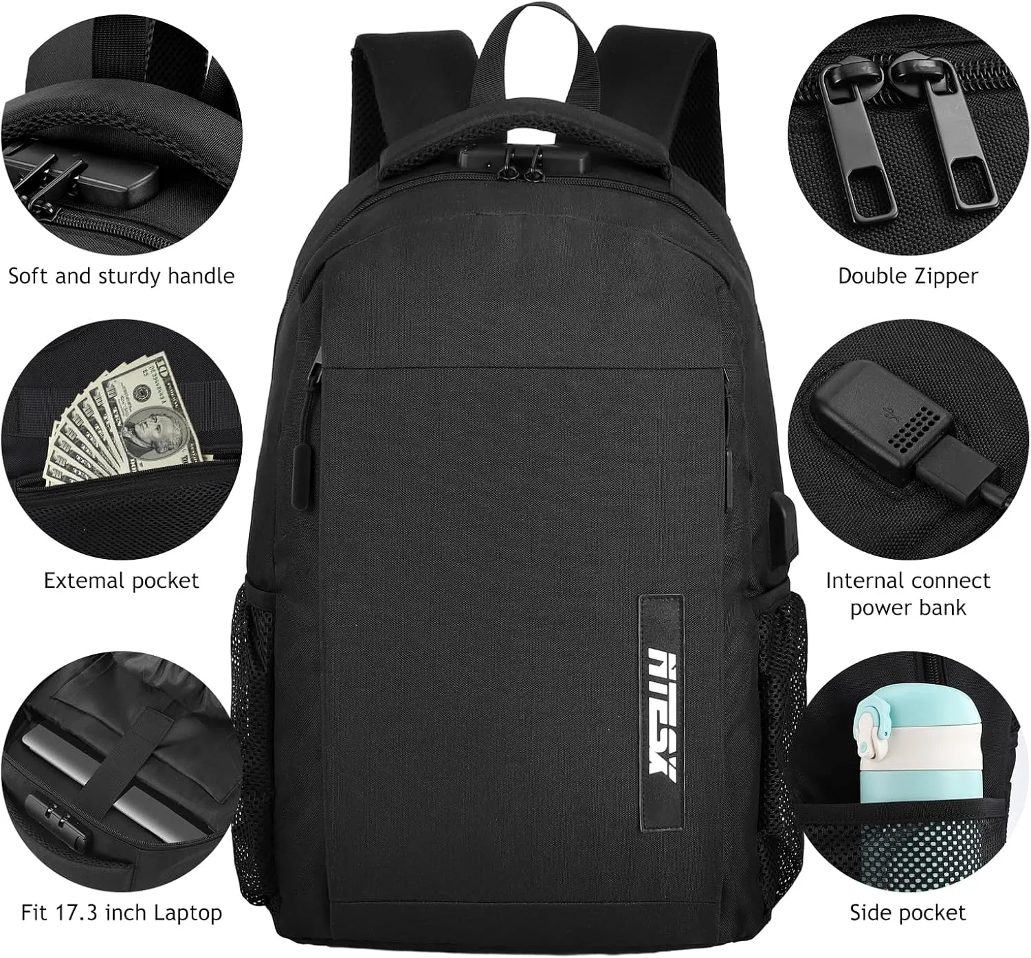 Anti-theft Laptop Backpack with USB Charging Port & Lock - 15.6 Inch Travel Laptop Backpack for Women,Men,Business,travel-Black