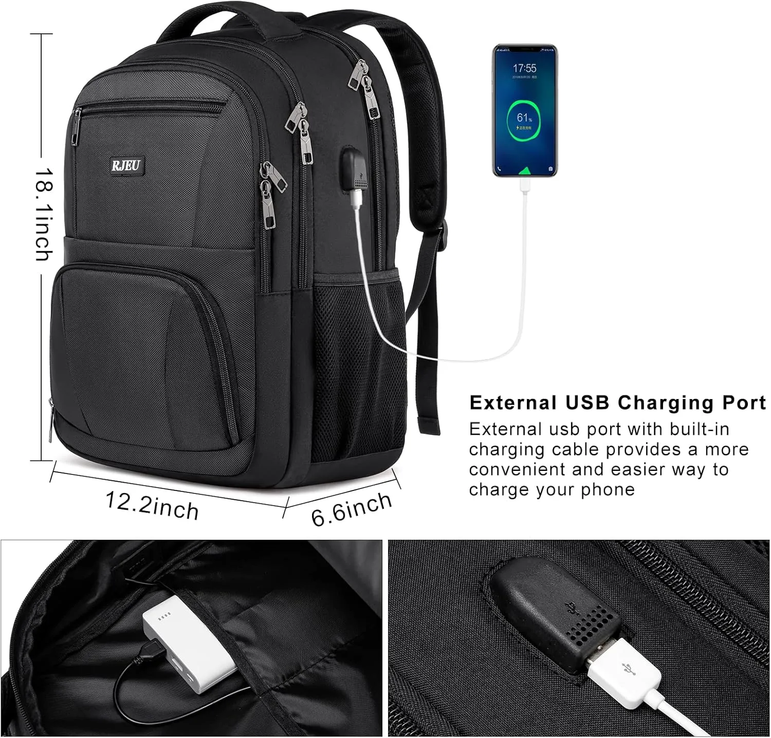 Backpack for School, Boys Backpack with USB Charging Port, Water Resistant College Back Pack for Men Fits 15.6 Inch Laptop, High School Bookbag Black