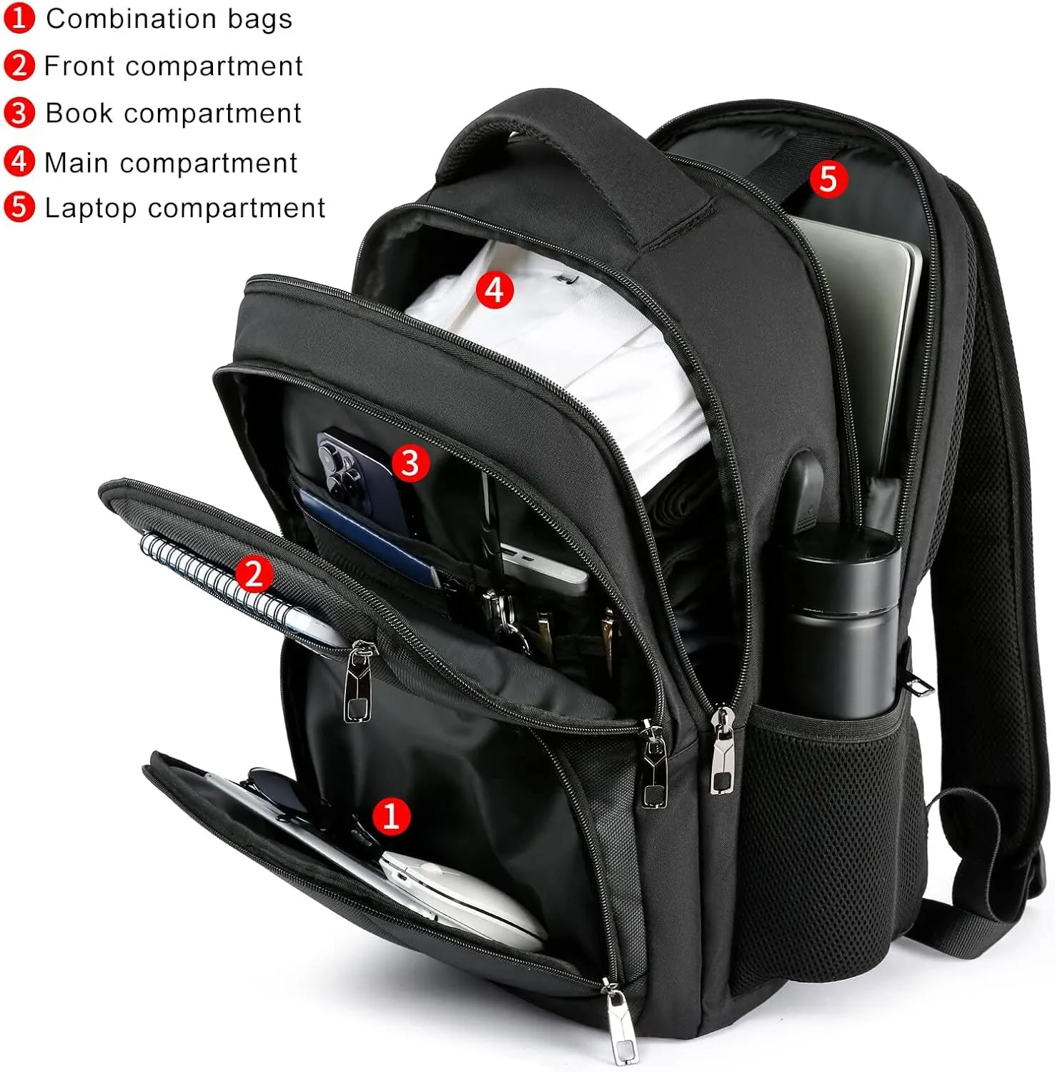 Backpack for School, Boys Backpack with USB Charging Port, Water Resistant College Back Pack for Men Fits 15.6 Inch Laptop, High School Bookbag Black