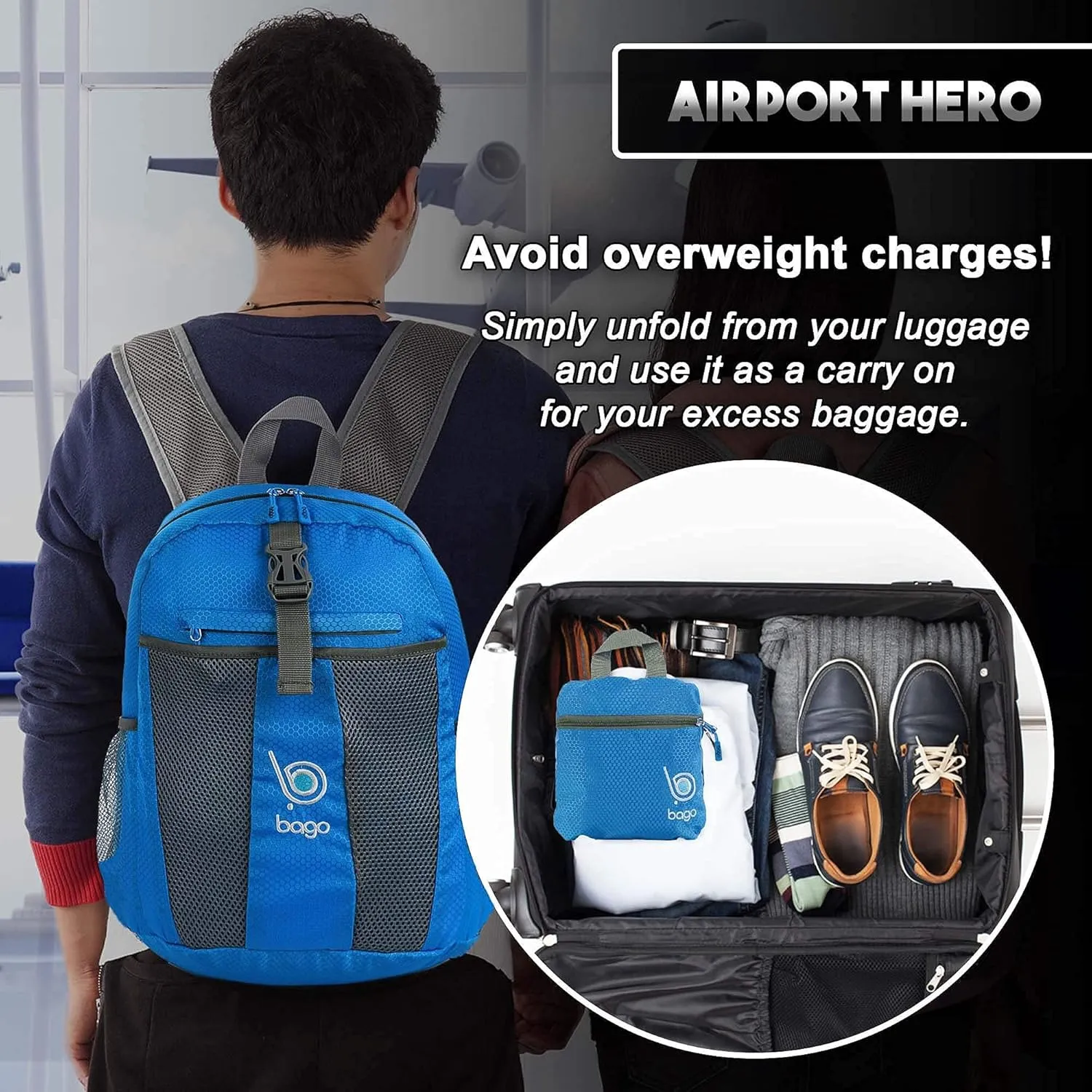 bago Lightweight Small Hiking Backpack for Women and Men - 25L Travel Day Pack - Foldable Hiking Daypack Ultralight for Camping Outdoor Sports - Day Bag Packable Backpack for Travel (Blue)