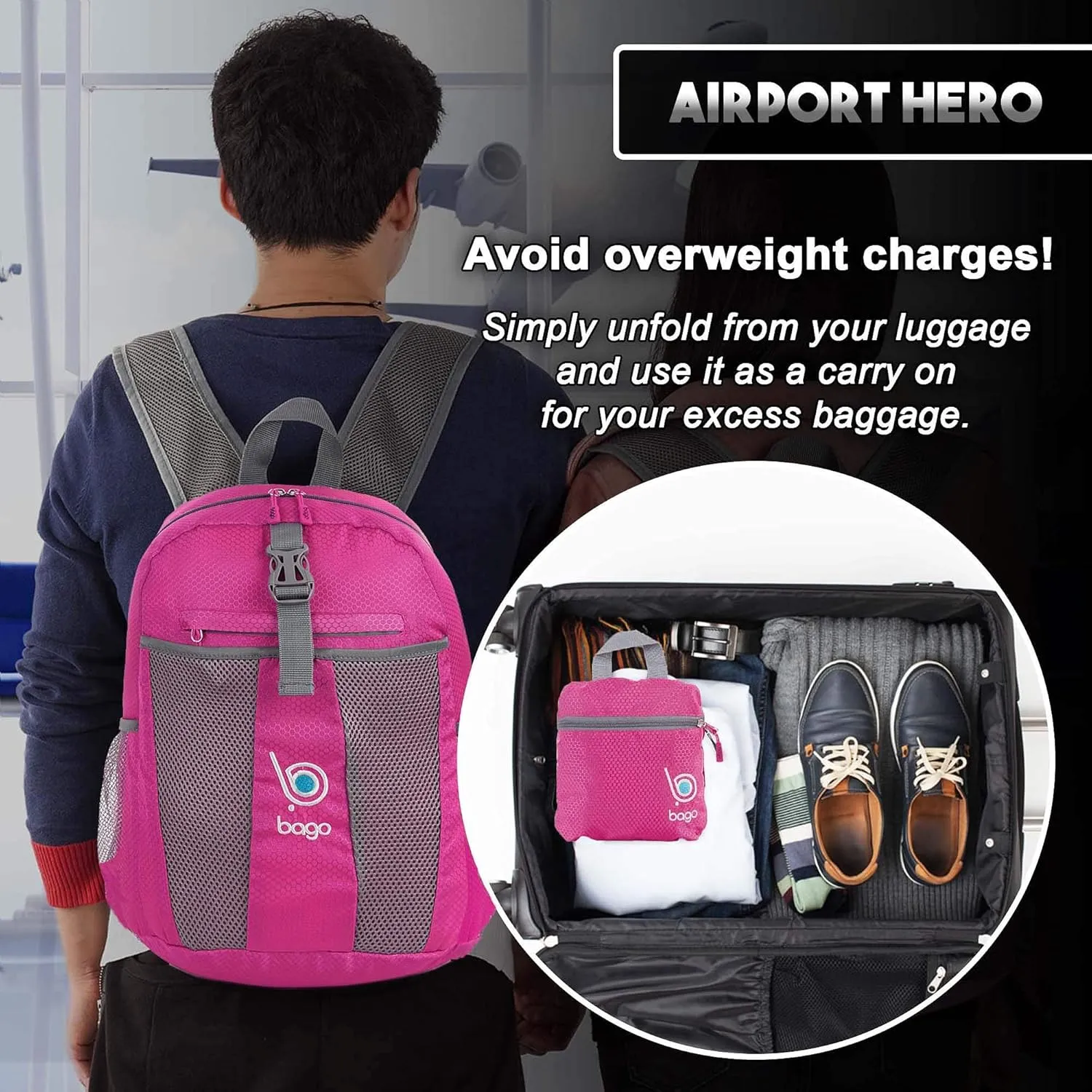 bago Lightweight Small Hiking Backpack for Women and Men - 25L Travel Day Pack - Foldable Hiking Daypack Ultralight for Camping Outdoor Sports - Day Bag Packable Backpack for Travel (Pink)