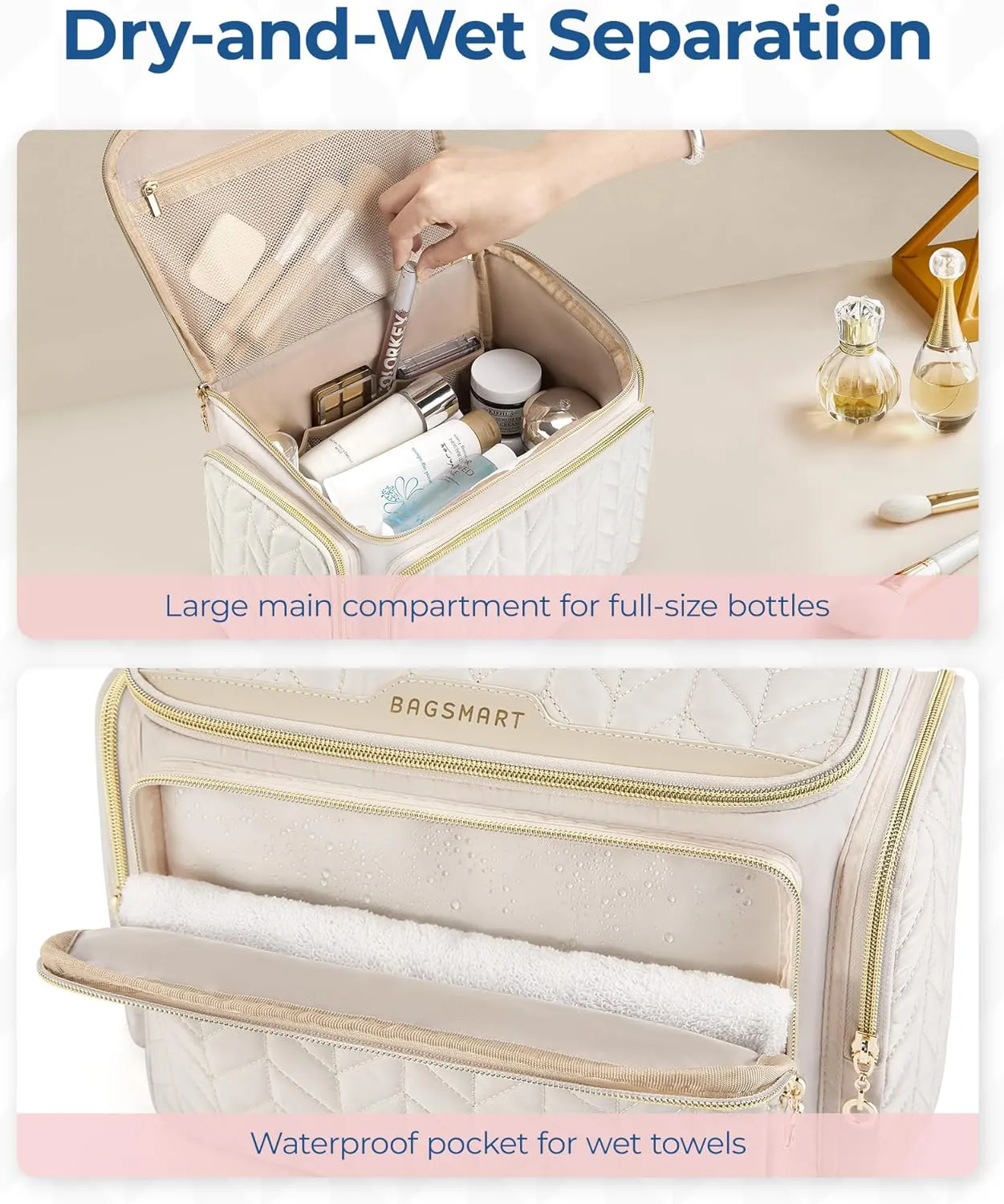 BAGSMART Travel Toiletry Bag, Large Wide-open Travel Bag for Toiletries, Makeup Cosmetic Travel Bag with Handle-Camel