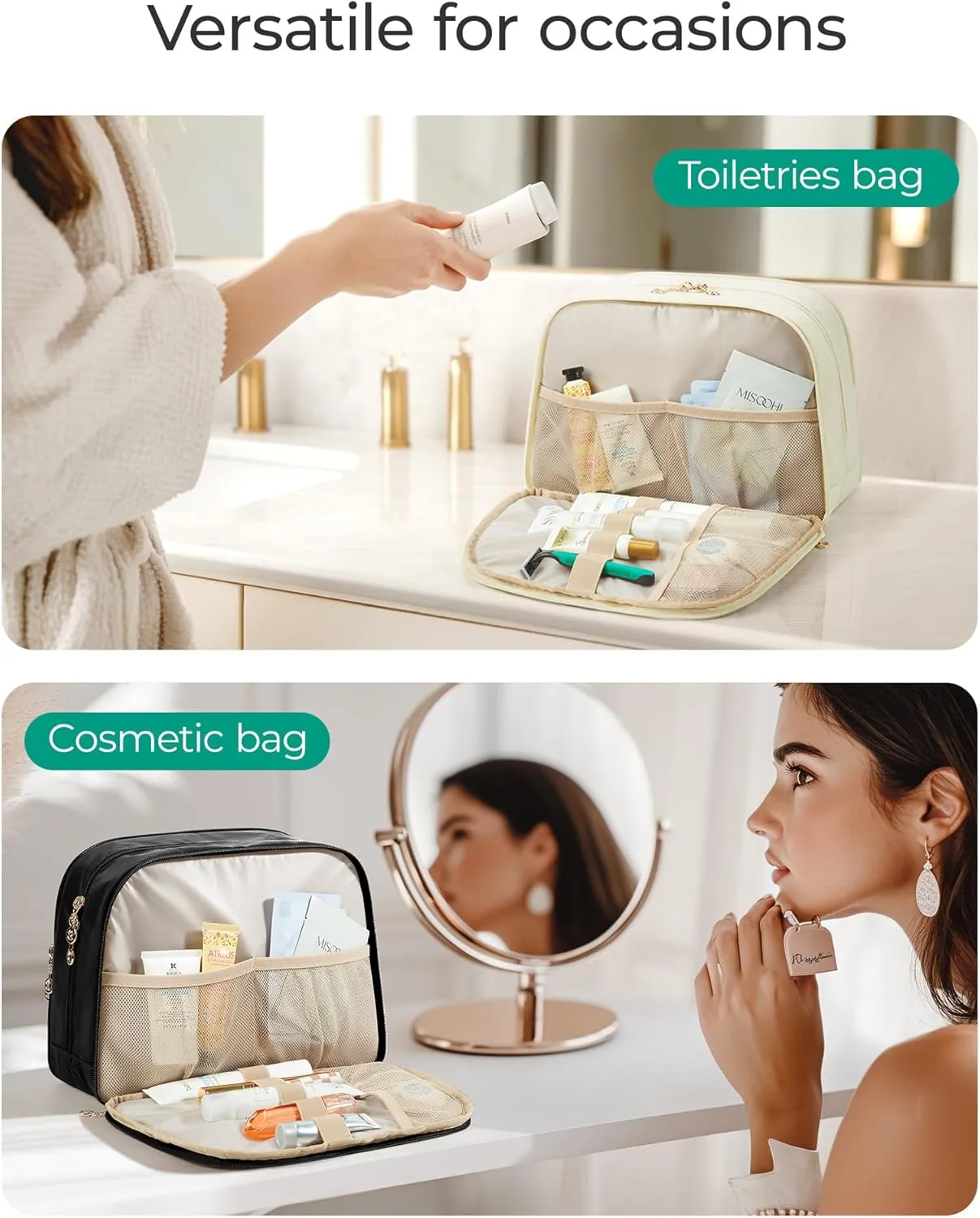 BAGSMART Travel Toiletry Bag, Large Wide-open Travel Bag for Toiletries, Puffy Makeup Cosmetic Travel Bag with Handle-Camel
