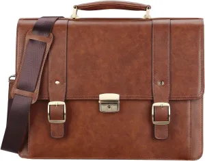 Banuce Vintage Leather Briefcase for Men 15.6 Inch Lawyer Briefcase with Lock Attache Case Brown