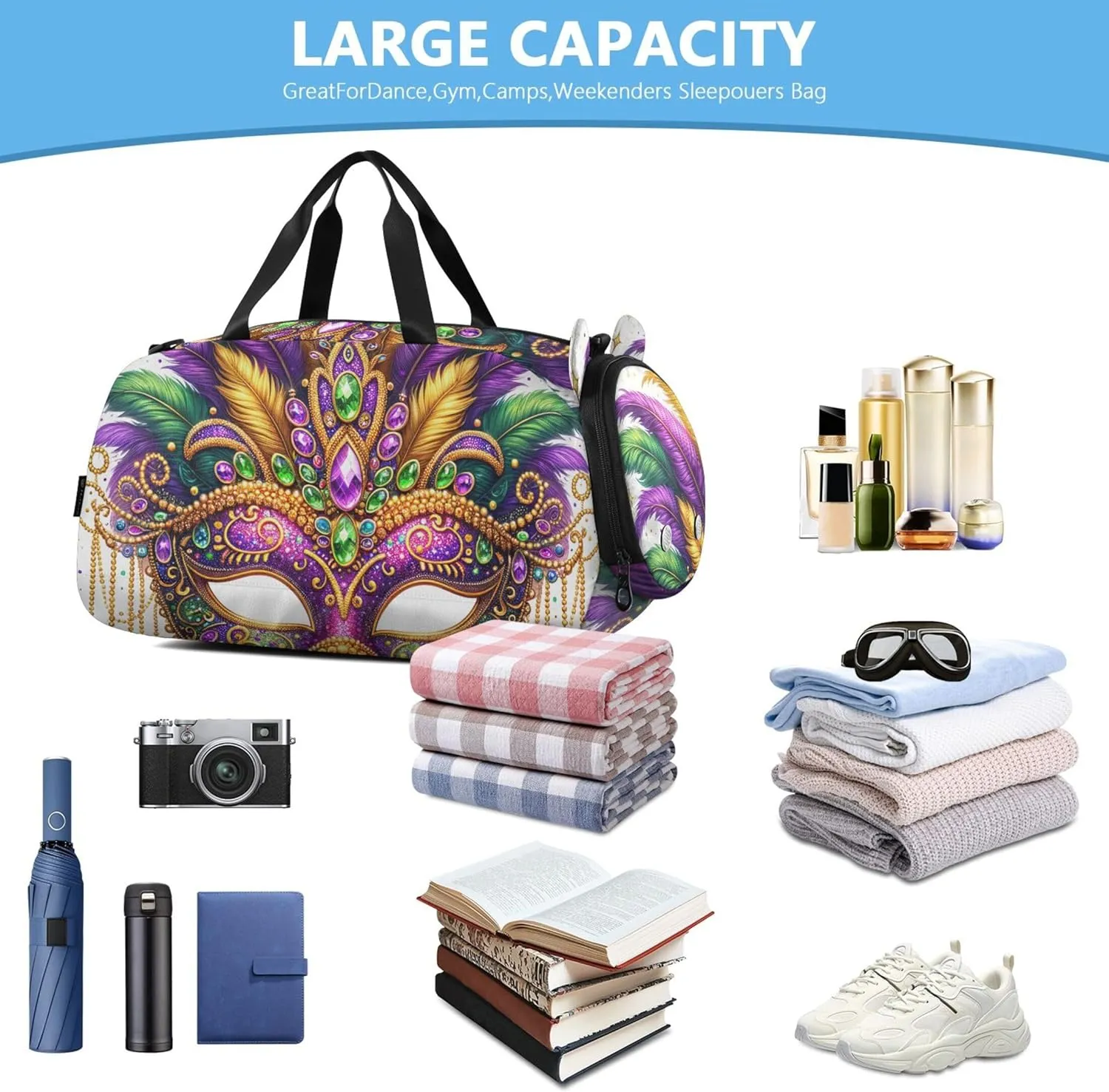 Beautiful Mardi Gras Mask Carry on Duffel Bag Boys Overnight Weekender Duffel Travel Duffle Bags Girls Tote Shoe Compartment