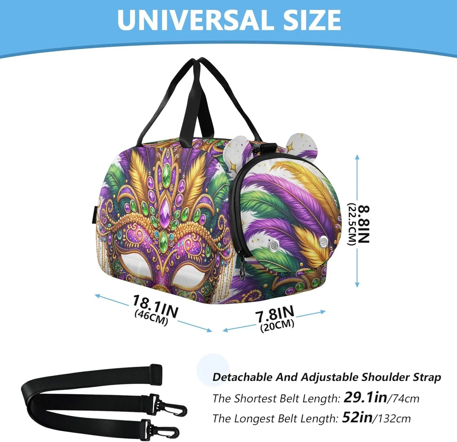 Beautiful Mardi Gras Mask Carry on Duffel Bag Boys Overnight Weekender Duffel Travel Duffle Bags Girls Tote Shoe Compartment