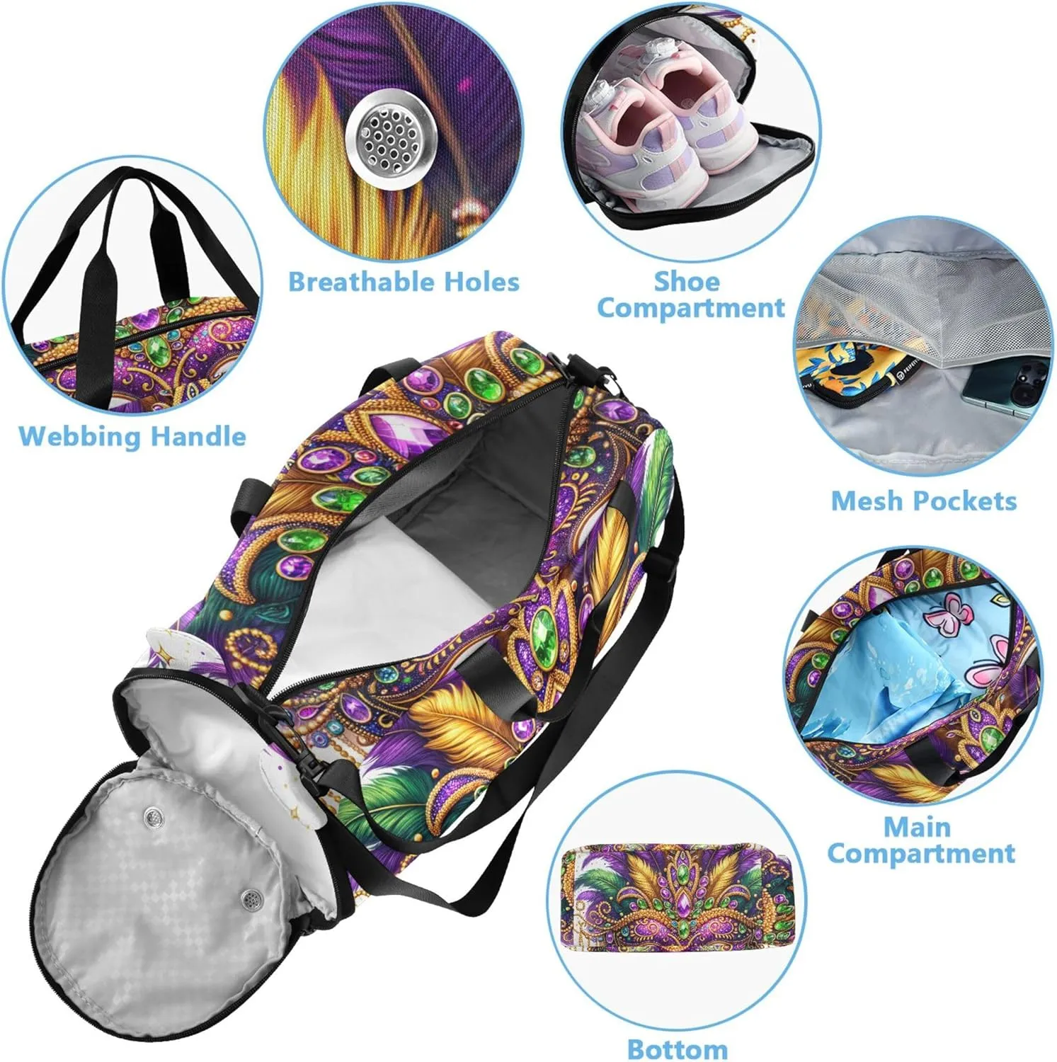 Beautiful Mardi Gras Mask Carry on Duffel Bag Boys Overnight Weekender Duffel Travel Duffle Bags Girls Tote Shoe Compartment