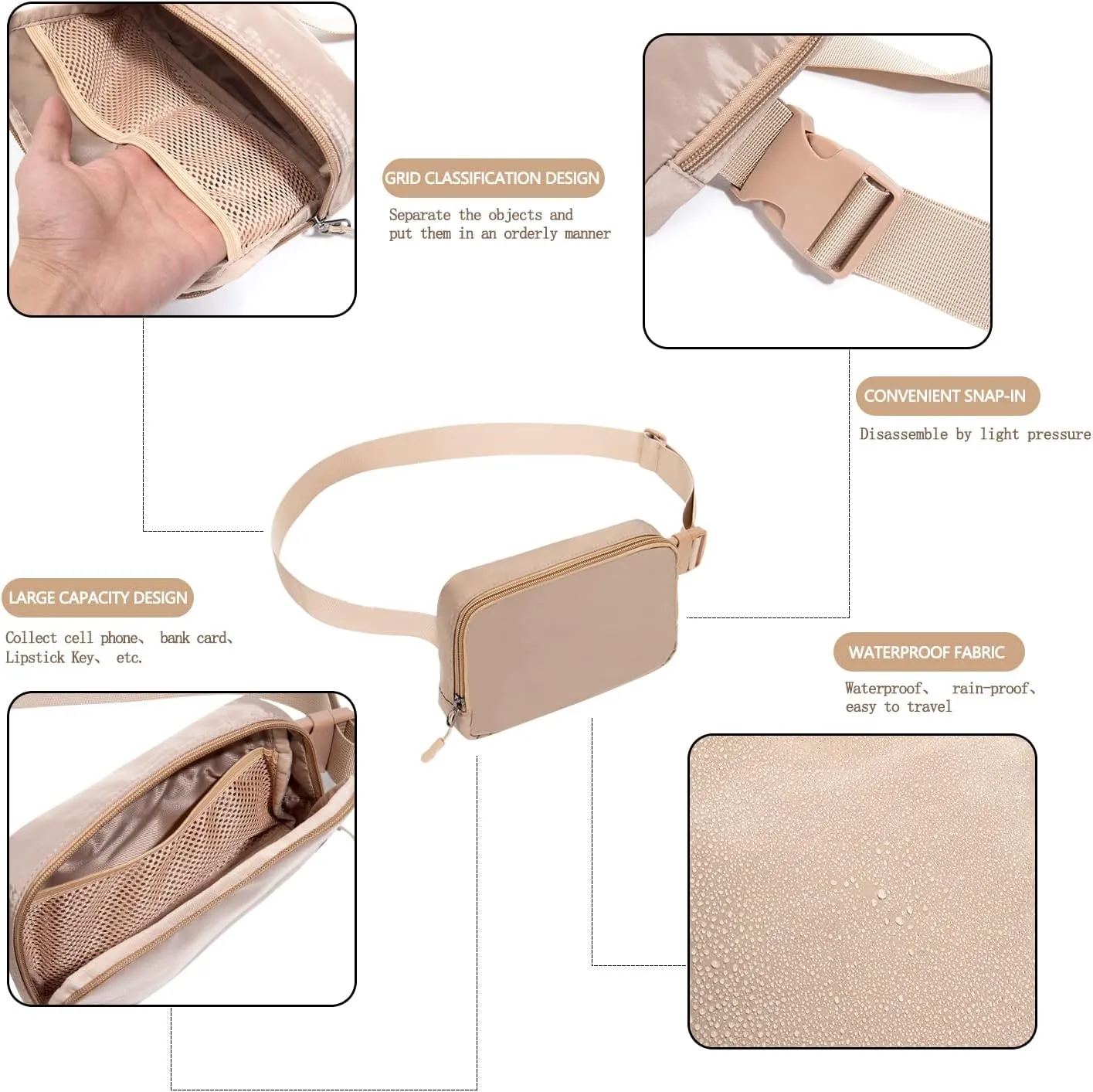 Belt bag Fanny pack crossbody bags for women Everywhere belt bag (Khaki)