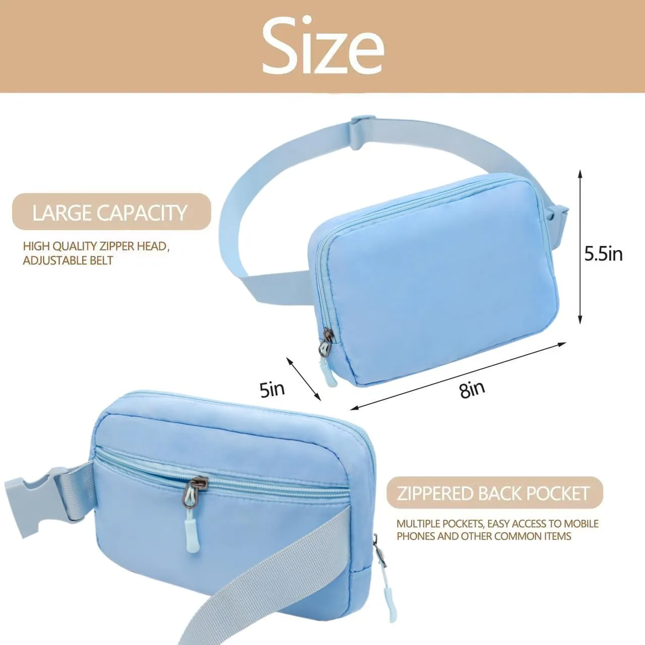 Belt bag Fanny pack crossbody bags for women Everywhere belt bag (Light blue)