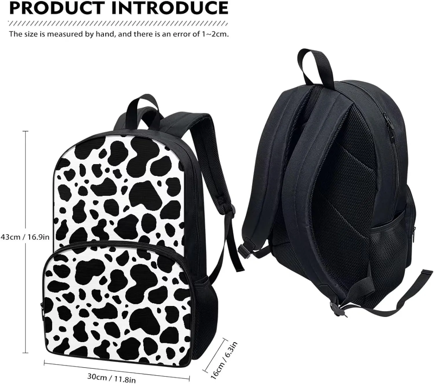 Black Cow Backpacks for Girls Student Durable Lightweight Large Capacity 17 Inch Cute Elementary School Backpack Kids Double Zipper Bookbag Travel Daypack with Front Pocket