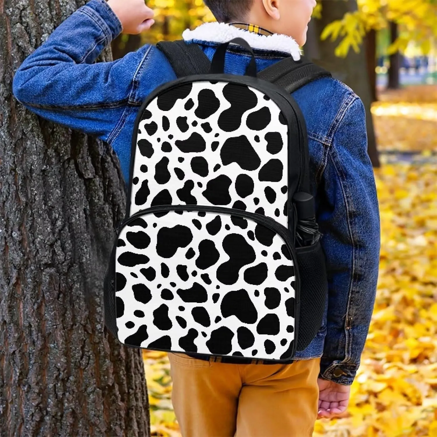 Black Cow Backpacks for Girls Student Durable Lightweight Large Capacity 17 Inch Cute Elementary School Backpack Kids Double Zipper Bookbag Travel Daypack with Front Pocket