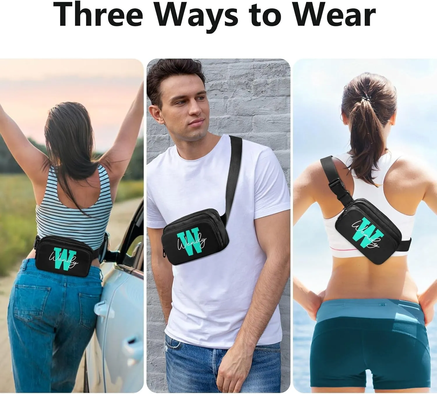 Black Custom Fanny Packs for Women Belt Bag Cross Body Waterproof Fanny Pack Fashion Waist Packs with Adjustable Strap Crossbody Bag for Running Hiking Men Sports Traveling