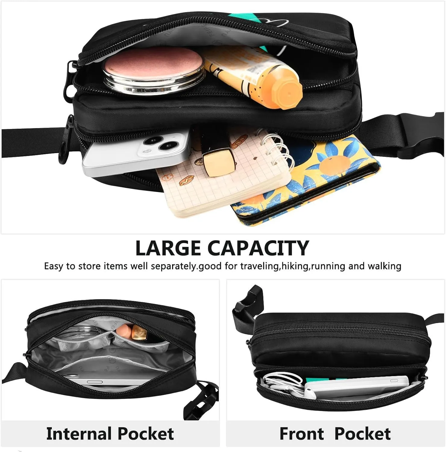 Black Custom Fanny Packs for Women Belt Bag Cross Body Waterproof Fanny Pack Fashion Waist Packs with Adjustable Strap Crossbody Bag for Running Hiking Men Sports Traveling