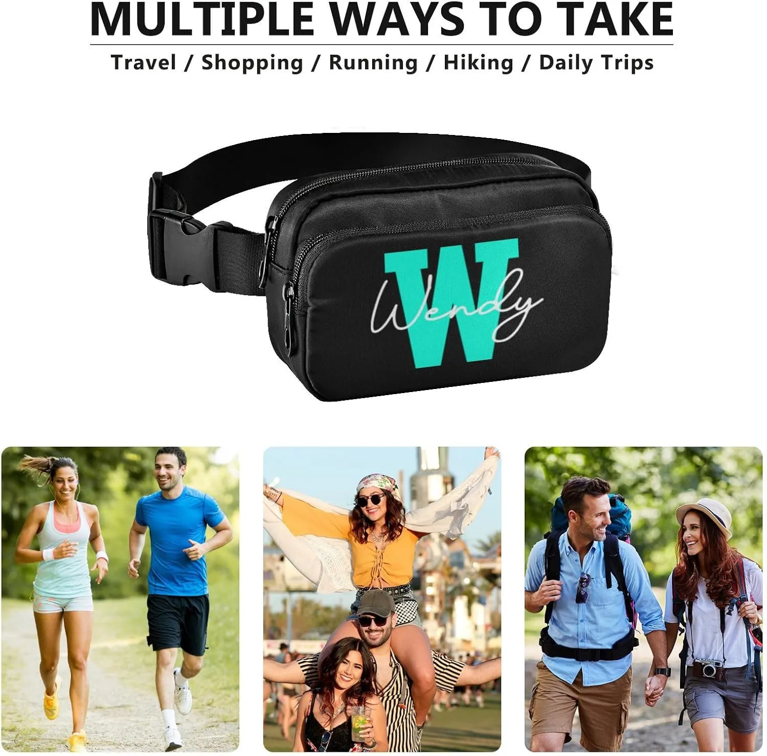 Black Custom Fanny Packs for Women Belt Bag Cross Body Waterproof Fanny Pack Fashion Waist Packs with Adjustable Strap Crossbody Bag for Running Hiking Men Sports Traveling