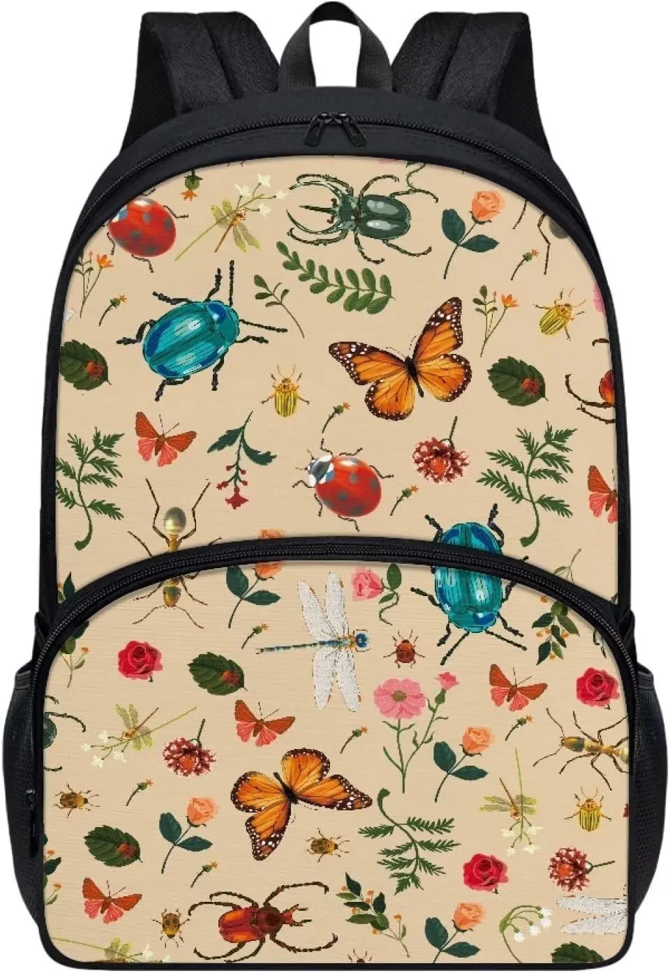 Butterfly Leaf Floral Backpacks for Girls Student Durable Lightweight Large Capacity 17 Inch Cute Beige School Backpack Kids Double Zipper Bookbag Travel Daypack with Front Pocket