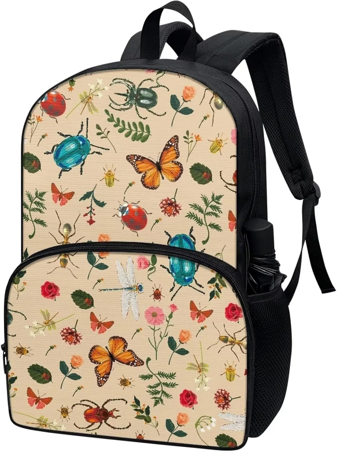 Butterfly Leaf Floral Backpacks for Girls Student Durable Lightweight Large Capacity 17 Inch Cute Beige School Backpack Kids Double Zipper Bookbag Travel Daypack with Front Pocket