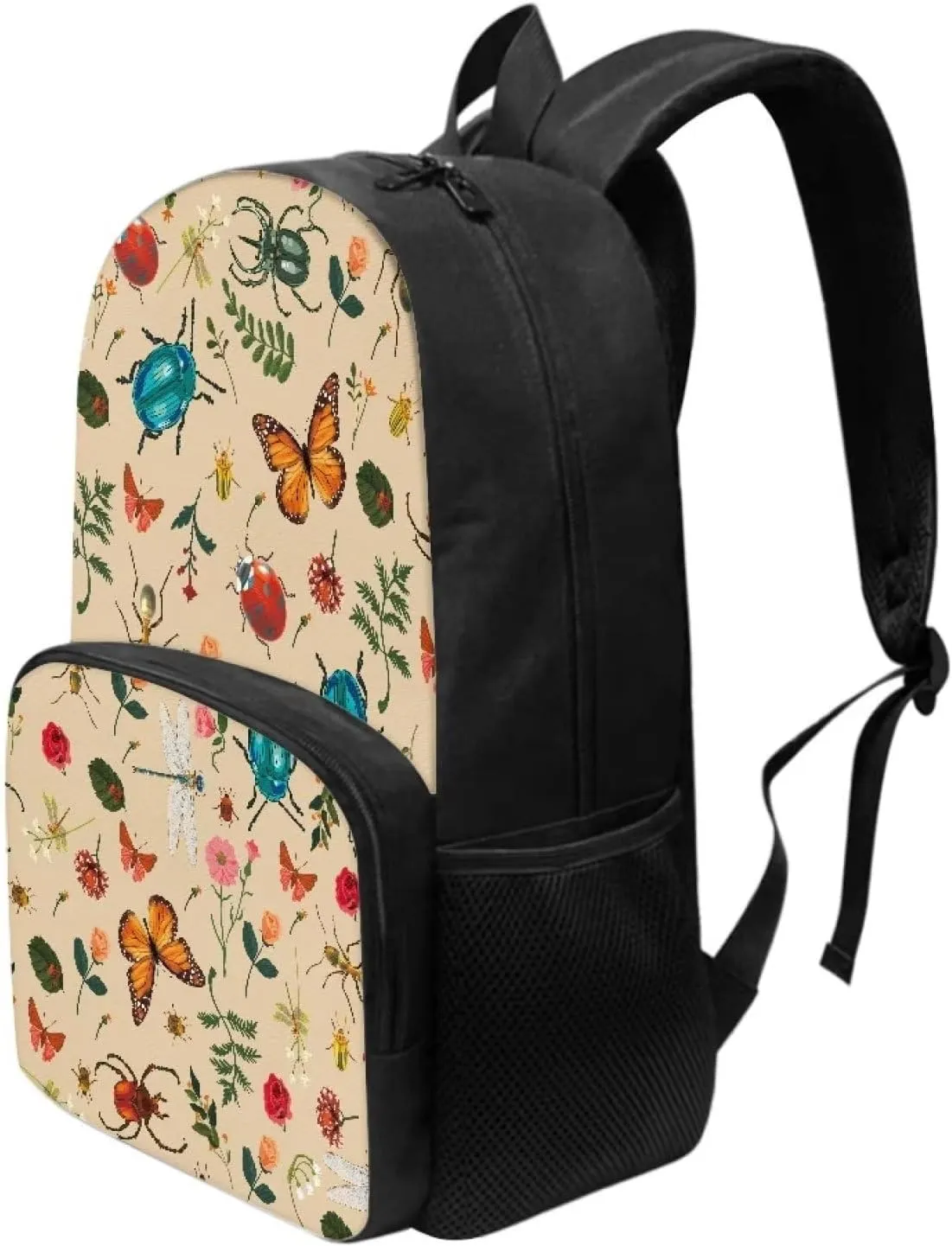 Butterfly Leaf Floral Backpacks for Girls Student Durable Lightweight Large Capacity 17 Inch Cute Beige School Backpack Kids Double Zipper Bookbag Travel Daypack with Front Pocket