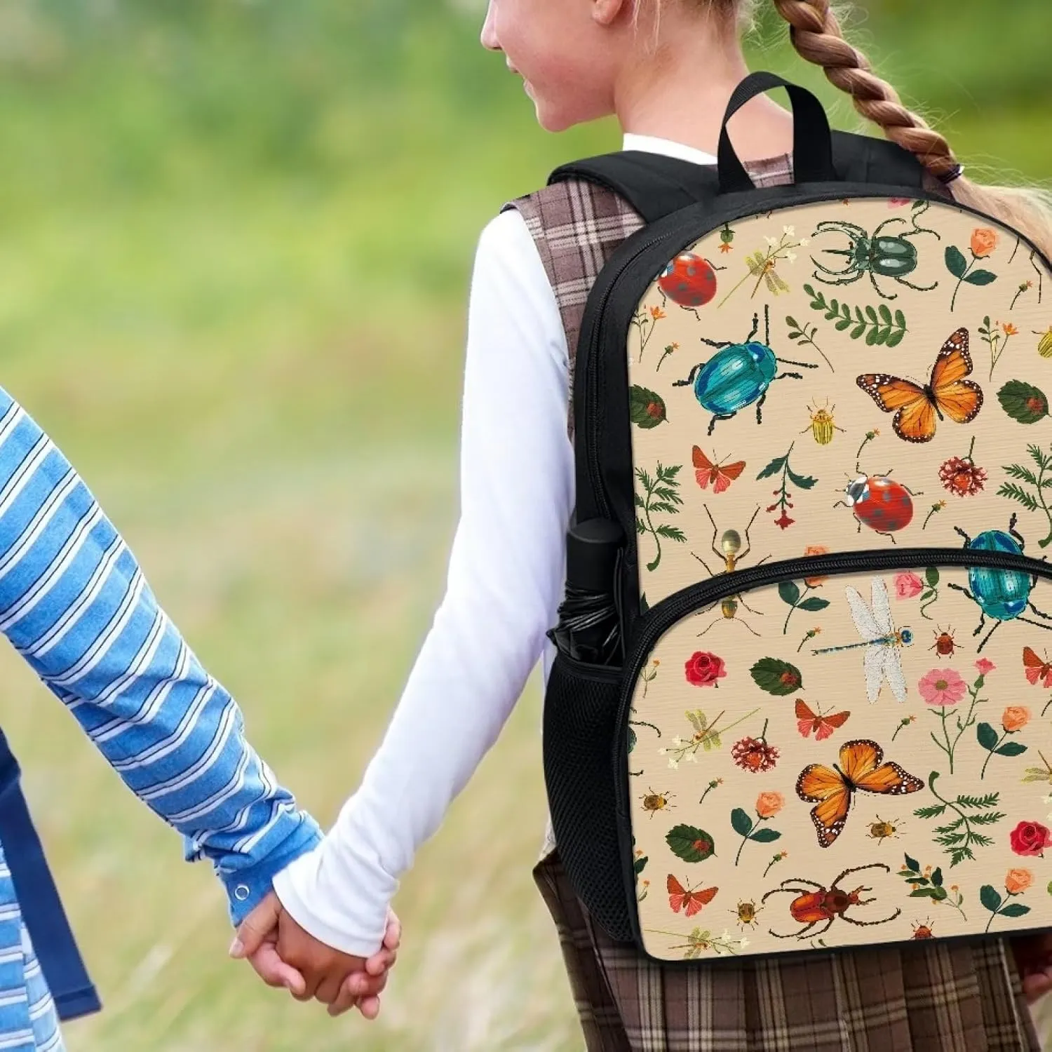 Butterfly Leaf Floral Backpacks for Girls Student Durable Lightweight Large Capacity 17 Inch Cute Beige School Backpack Kids Double Zipper Bookbag Travel Daypack with Front Pocket