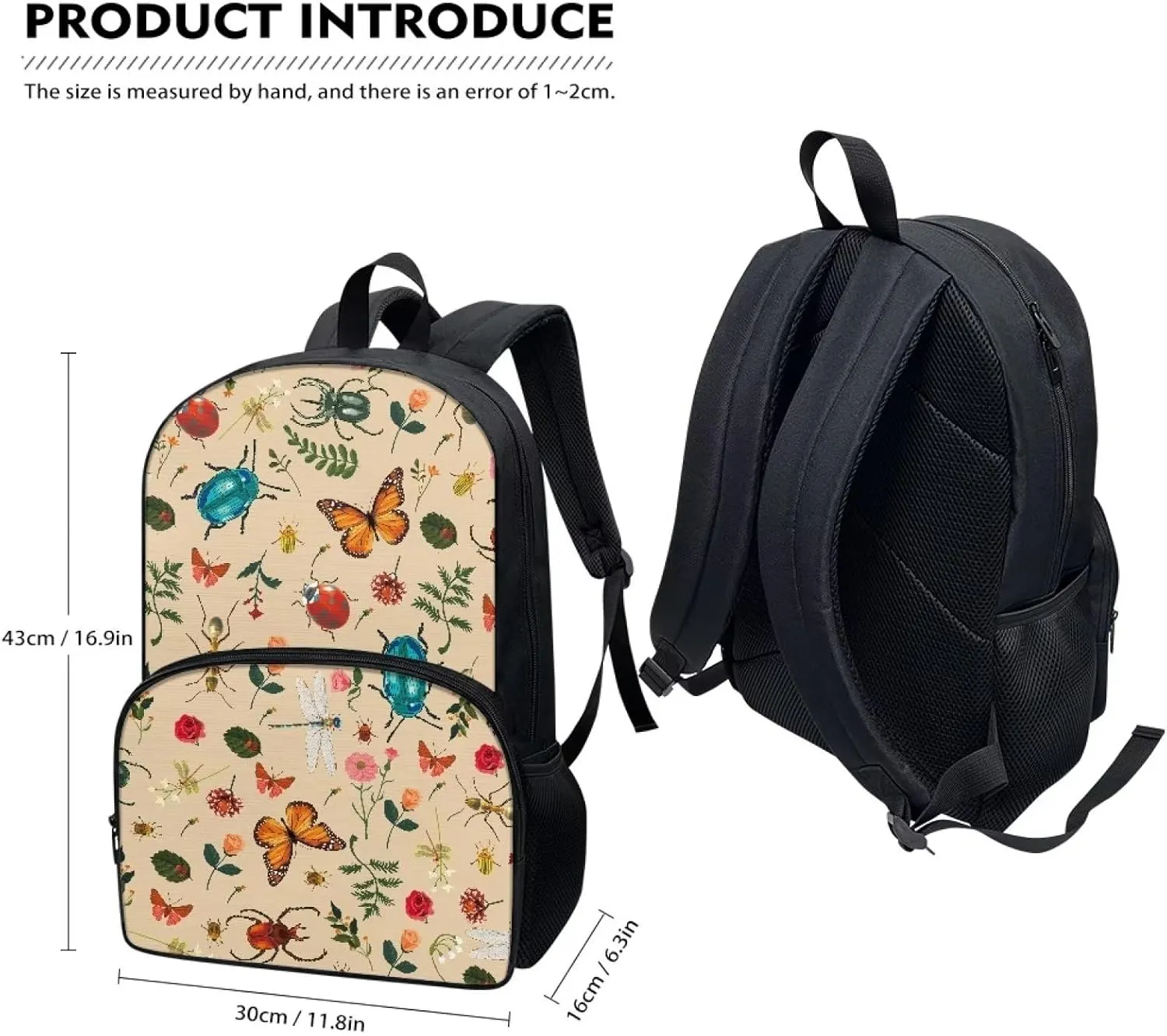 Butterfly Leaf Floral Backpacks for Girls Student Durable Lightweight Large Capacity 17 Inch Cute Beige School Backpack Kids Double Zipper Bookbag Travel Daypack with Front Pocket