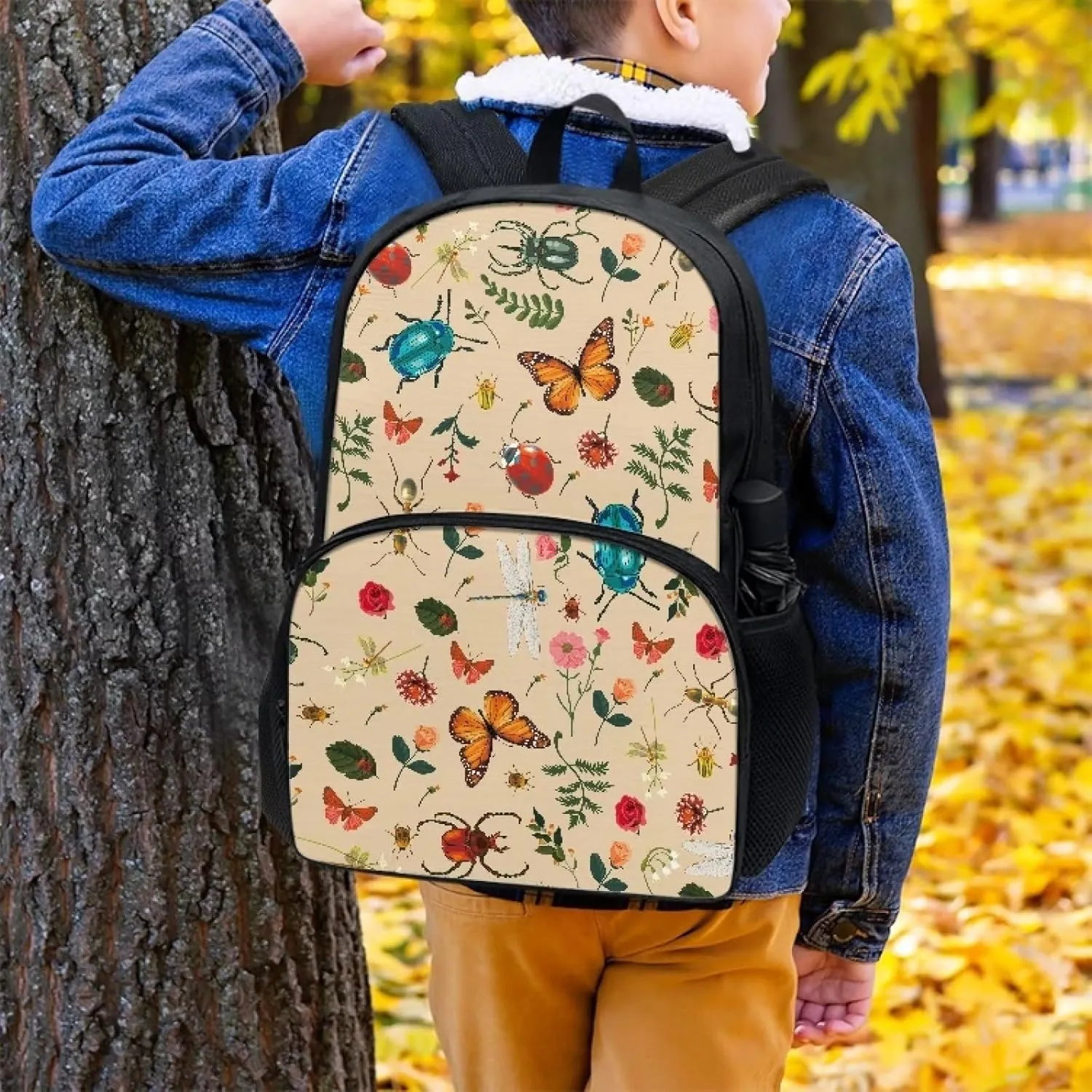 Butterfly Leaf Floral Backpacks for Girls Student Durable Lightweight Large Capacity 17 Inch Cute Beige School Backpack Kids Double Zipper Bookbag Travel Daypack with Front Pocket