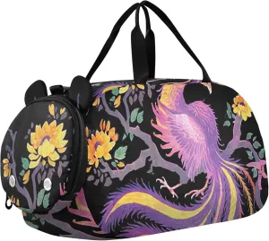 Carry on Duffel Bag Boys Overnight Weekender Duffel Phoenix Painting Black Vintage Mythical Duffle Bags for Traveling Tote with Shoe Compartment