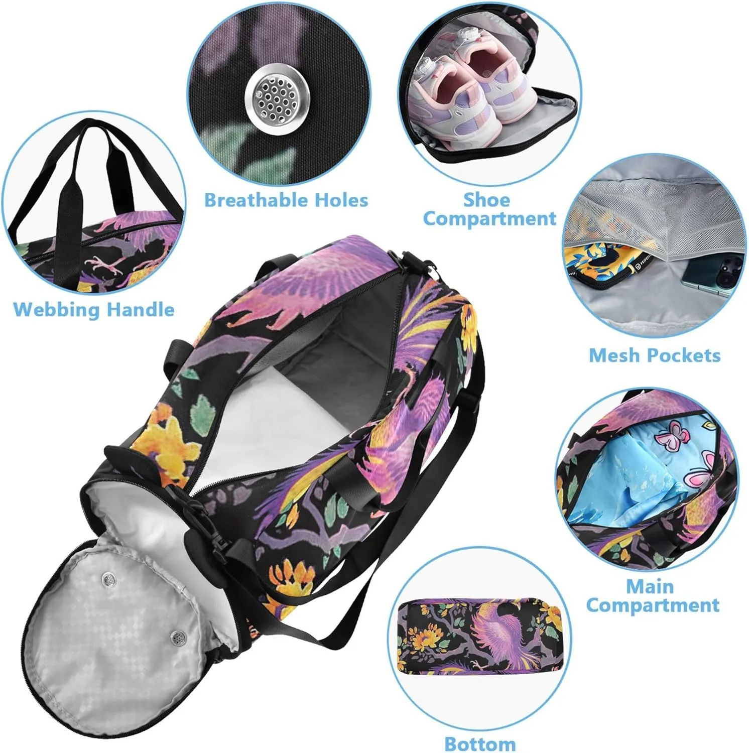 Carry on Duffel Bag Boys Overnight Weekender Duffel Phoenix Painting Black Vintage Mythical Duffle Bags for Traveling Tote with Shoe Compartment