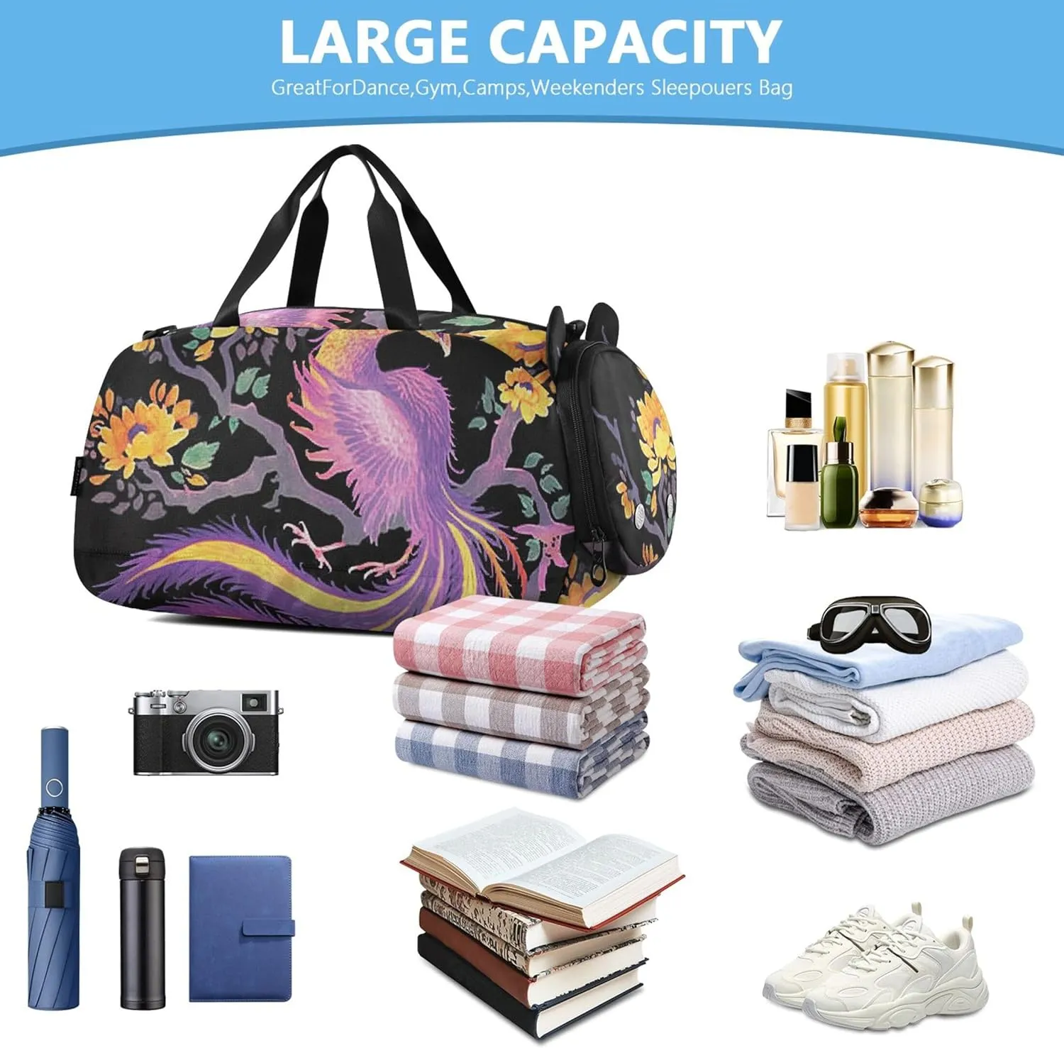 Carry on Duffel Bag Boys Overnight Weekender Duffel Phoenix Painting Black Vintage Mythical Duffle Bags for Traveling Tote with Shoe Compartment