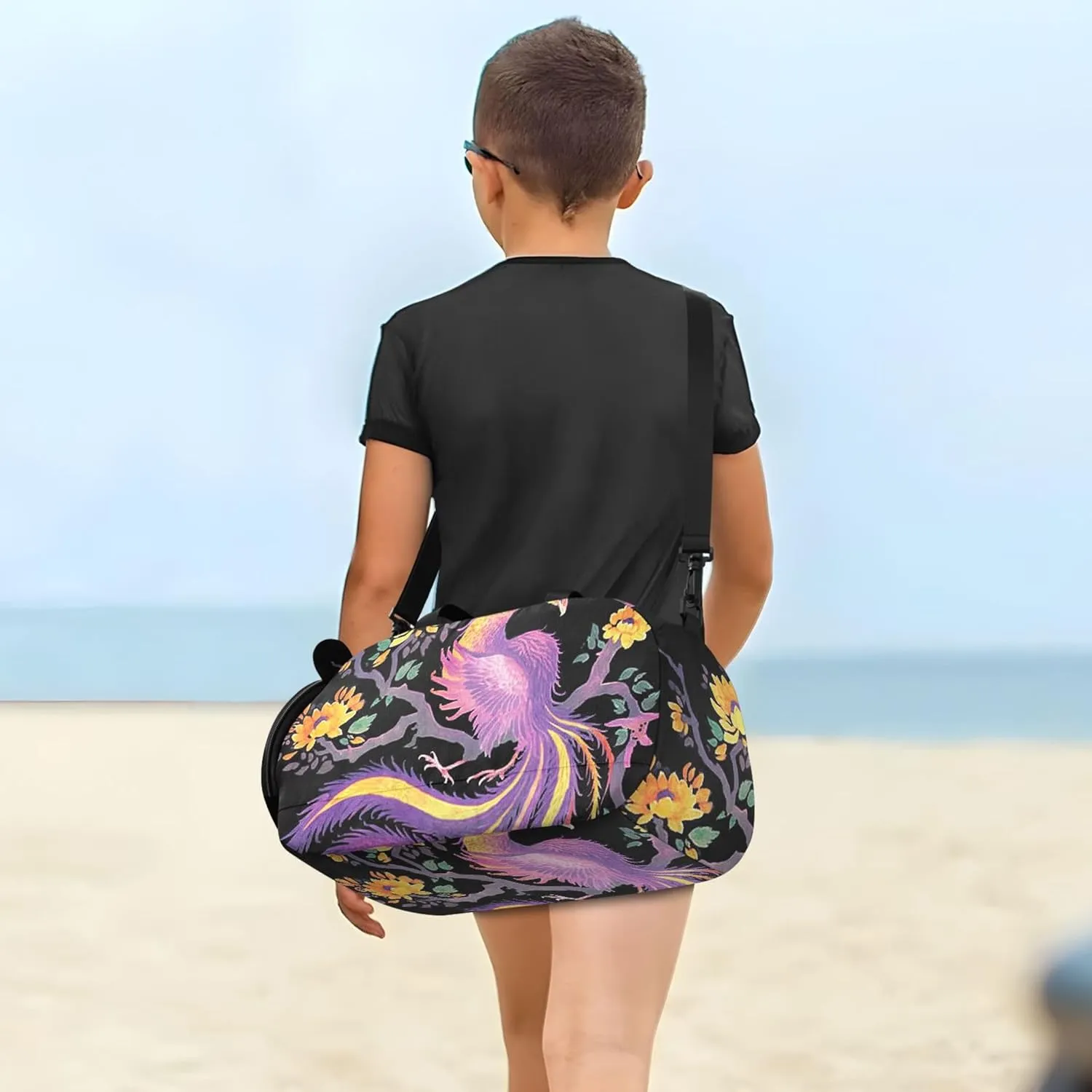 Carry on Duffel Bag Boys Overnight Weekender Duffel Phoenix Painting Black Vintage Mythical Duffle Bags for Traveling Tote with Shoe Compartment