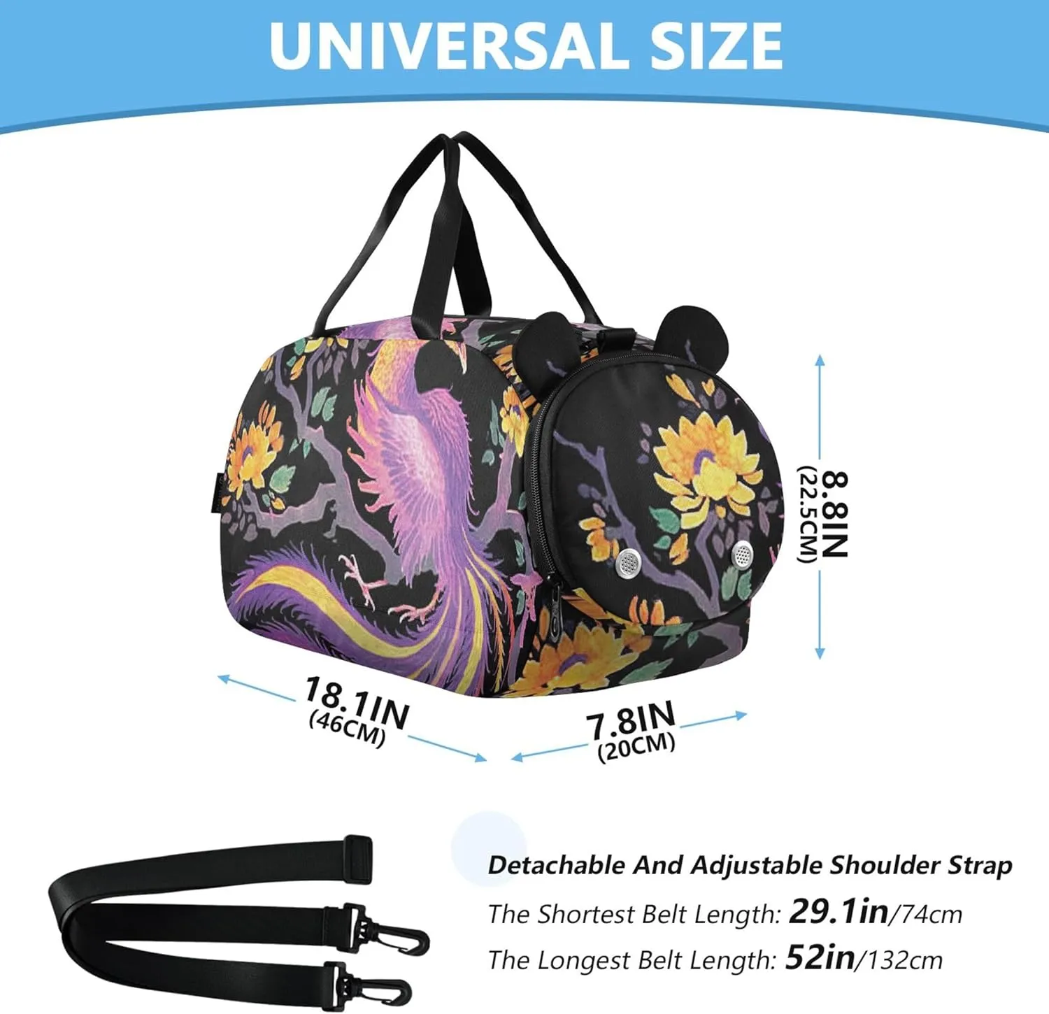Carry on Duffel Bag Boys Overnight Weekender Duffel Phoenix Painting Black Vintage Mythical Duffle Bags for Traveling Tote with Shoe Compartment