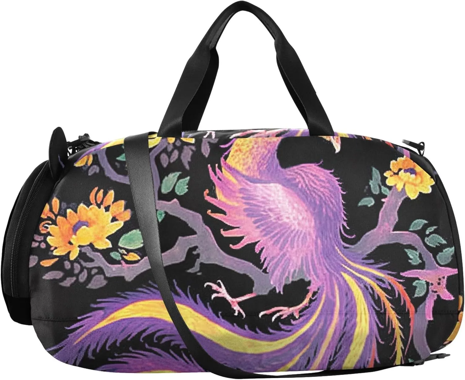 Carry on Duffel Bag Boys Overnight Weekender Duffel Phoenix Painting Black Vintage Mythical Duffle Bags for Traveling Tote with Shoe Compartment