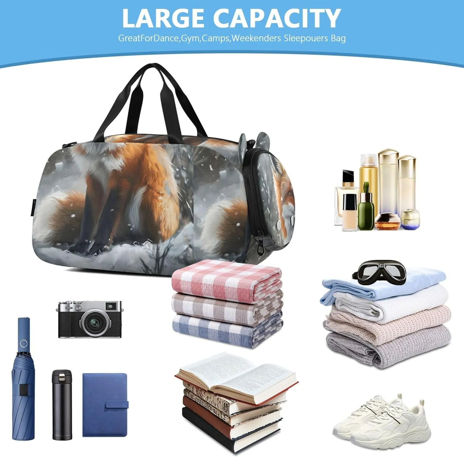 Carry on Duffel Bag for Boys Weekender Overnight Charming Red Fox Snowy Forest Girls Tote Duffle Bags Travel Duffle Bag for Kids