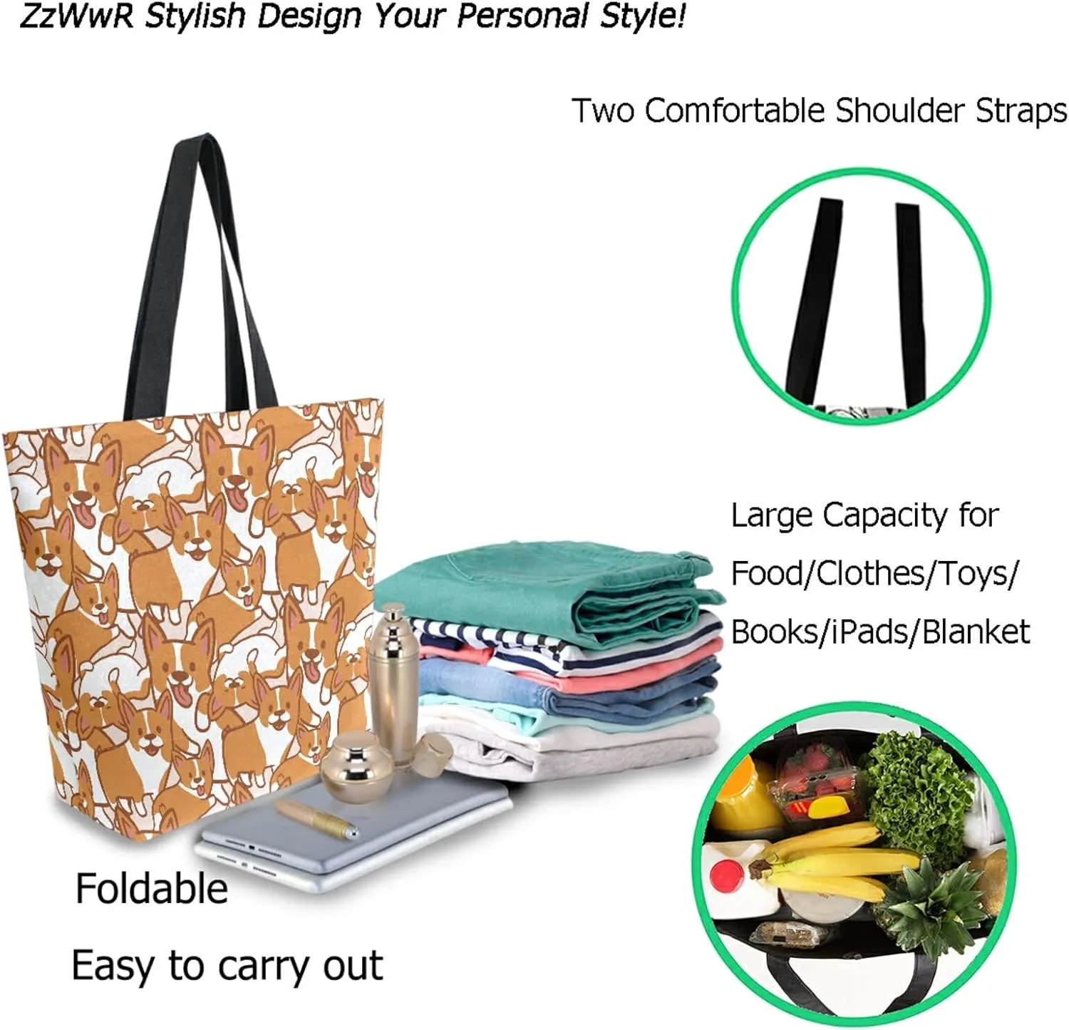 Cartoon Corgi Cute Extra Large Canvas Shoulder Tote Top Storage Handle Bag for Gym Summer Beach Weekender Travel Reusable Grocery Shopping