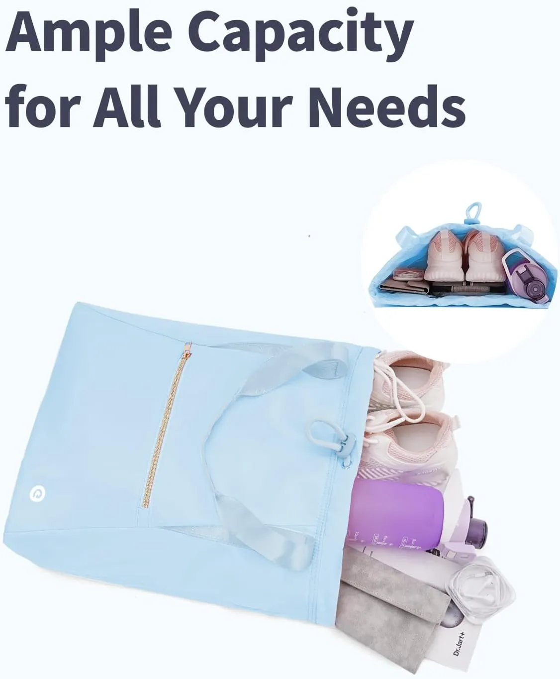 Ceneda Drawstring Backpack String Bag for Women Men Water Resistant Drawstring Bags Gym Sack with Two Zipper Pockets Sports Gym Bag (Light Blue)