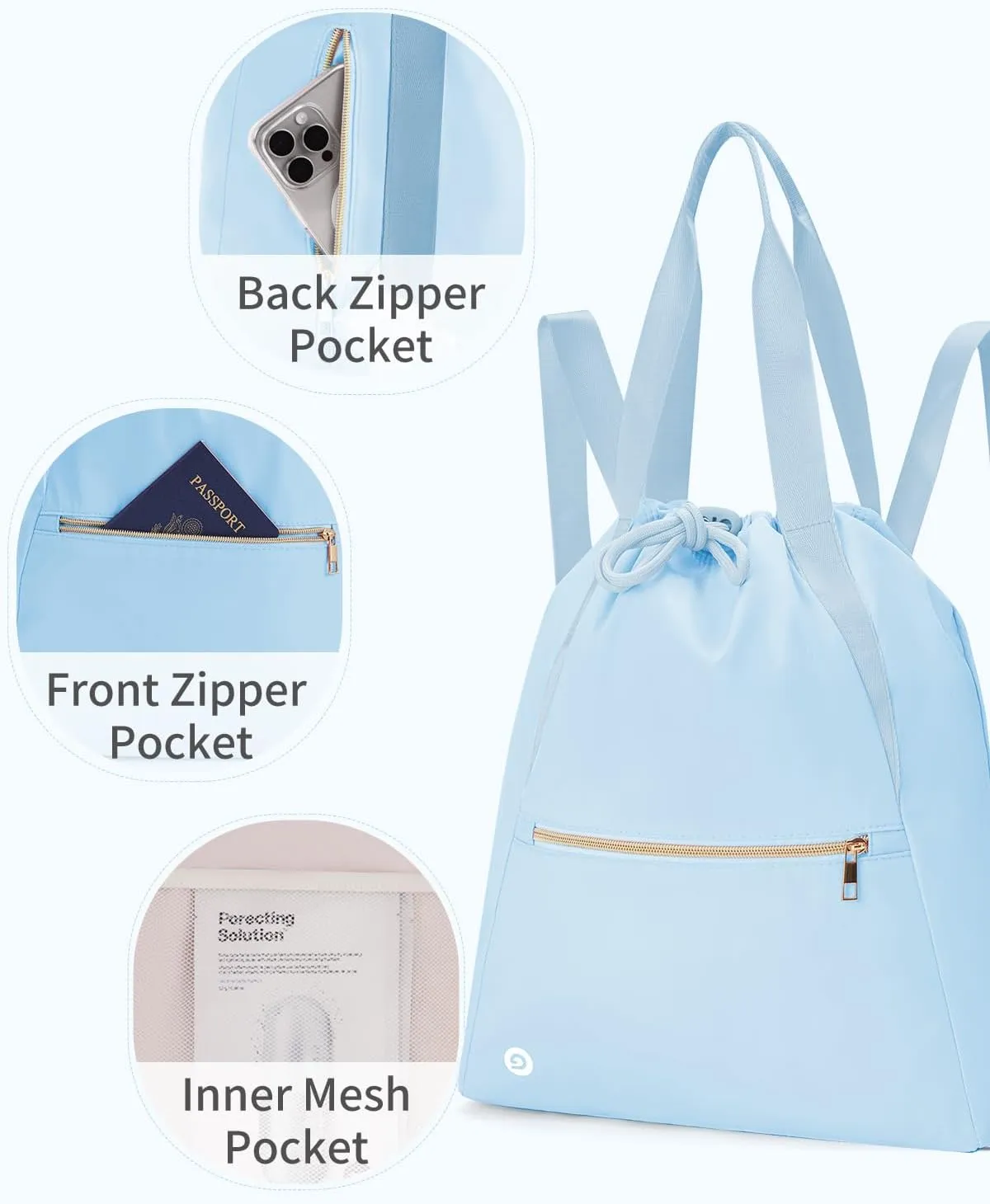 Ceneda Drawstring Backpack String Bag for Women Men Water Resistant Drawstring Bags Gym Sack with Two Zipper Pockets Sports Gym Bag (Light Blue)