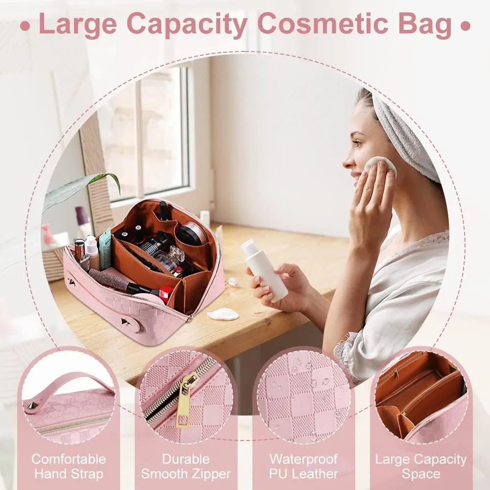 Cessfle Travel Makeup Bag, Checkered Makeup Bag Large Capacity Cosmetic Bag, Parallel Makeup Bag Large Makeup Bags for Women with Handle and Divider