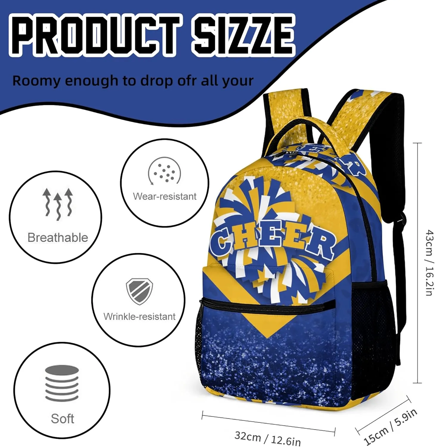 Cheer Backpacks for Cheerleaders, Cheerleading Backpack 16.5in, Cheerleader Gifts for Team (Gold&Navy)