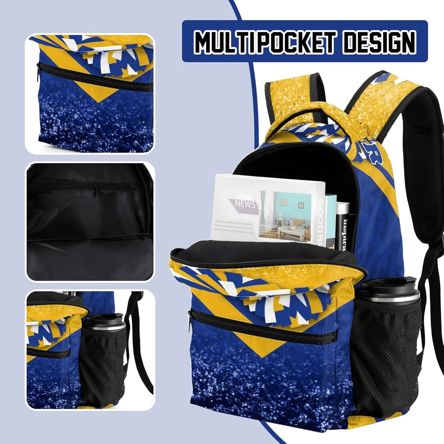 Cheer Backpacks for Cheerleaders, Cheerleading Backpack 16.5in, Cheerleader Gifts for Team (Gold&Navy)