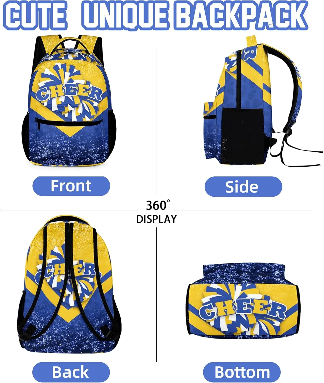 Cheer Backpacks for Cheerleaders, Cheerleading Backpack 16.5in, Cheerleader Gifts for Team (Gold&Navy)