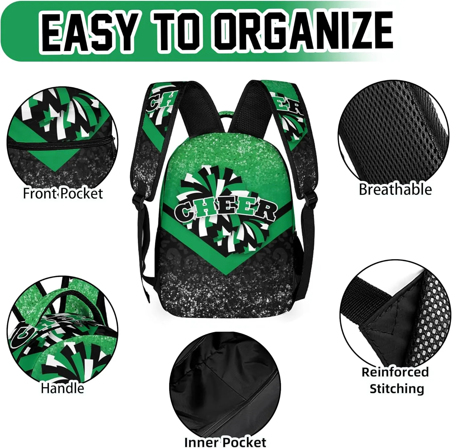 Cheer Backpacks for Cheerleaders, Cheerleading Backpack 16.5in, Cheerleader Gifts for Team (Green&Black)