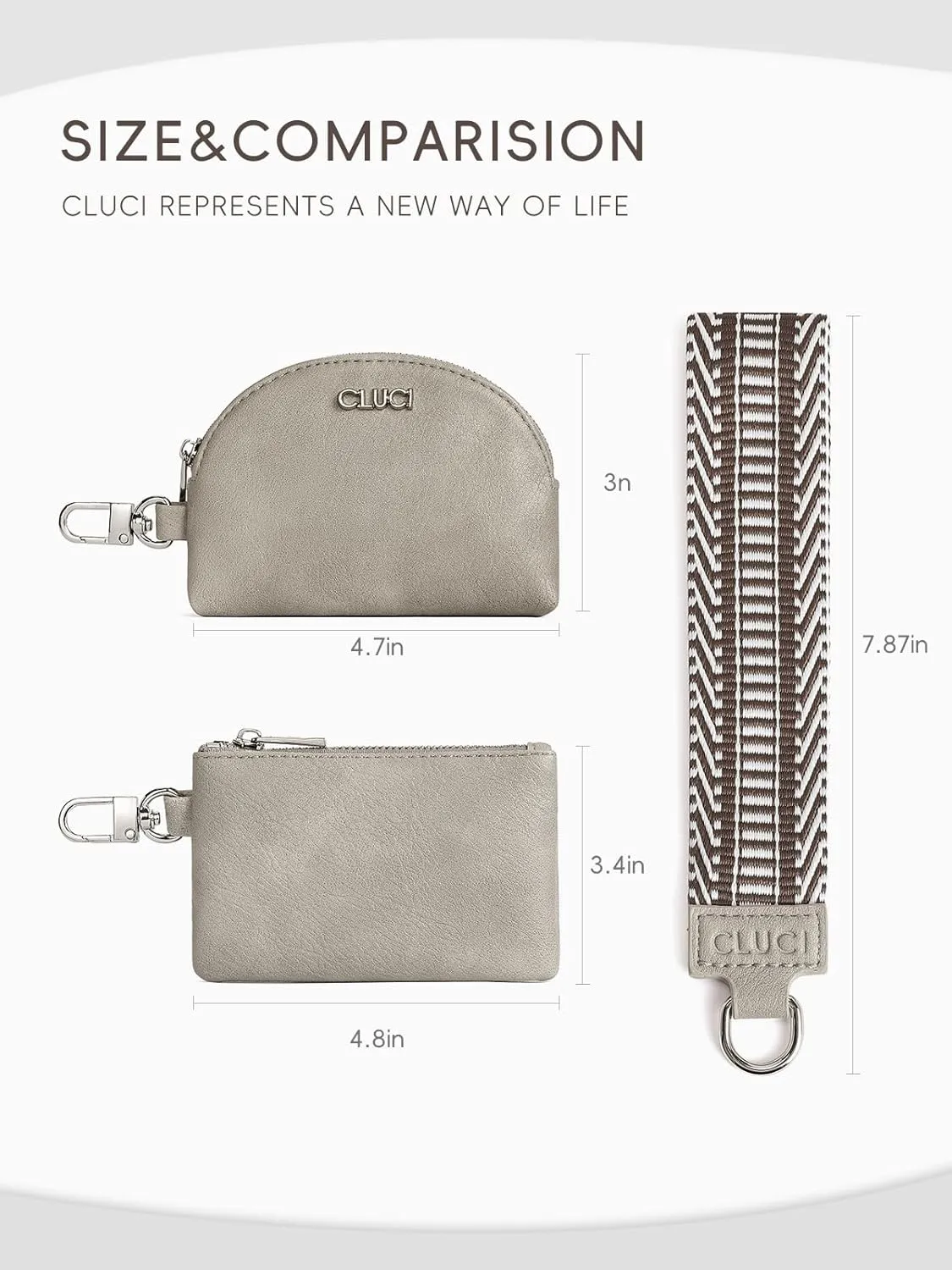 CLUCI Keychain Wallet for Women Leather Coin Purse Detachable Dual Pouch Wristlet Wallet Zipper Pocket Grey