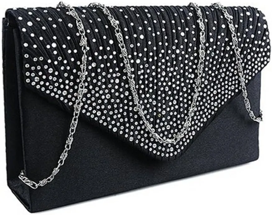 Clutch Diamante Large Ladies Evening Bag Ladies Bag Party Envelope Satin Bags over Shoulder Bags (Black, One Size)