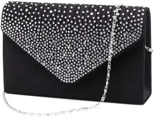 Clutch Diamante Large Ladies Evening Bag Ladies Bag Party Envelope Satin Bags over Shoulder Bags (Black, One Size)