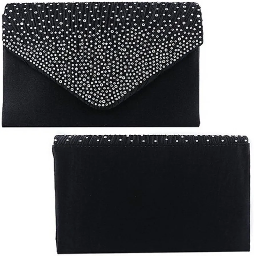 Clutch Diamante Large Ladies Evening Bag Ladies Bag Party Envelope Satin Bags over Shoulder Bags (Black, One Size)