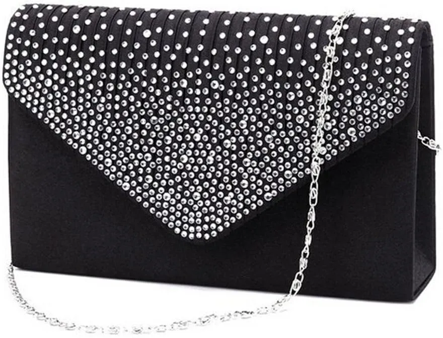 Clutch Diamante Large Ladies Evening Bag Ladies Bag Party Envelope Satin Bags over Shoulder Bags (Black, One Size)