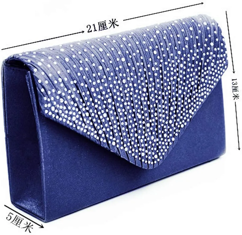 Clutch Diamante Large Ladies Evening Bag Ladies Bag Party Envelope Satin Bags over Shoulder Bags (Blue, One Size)