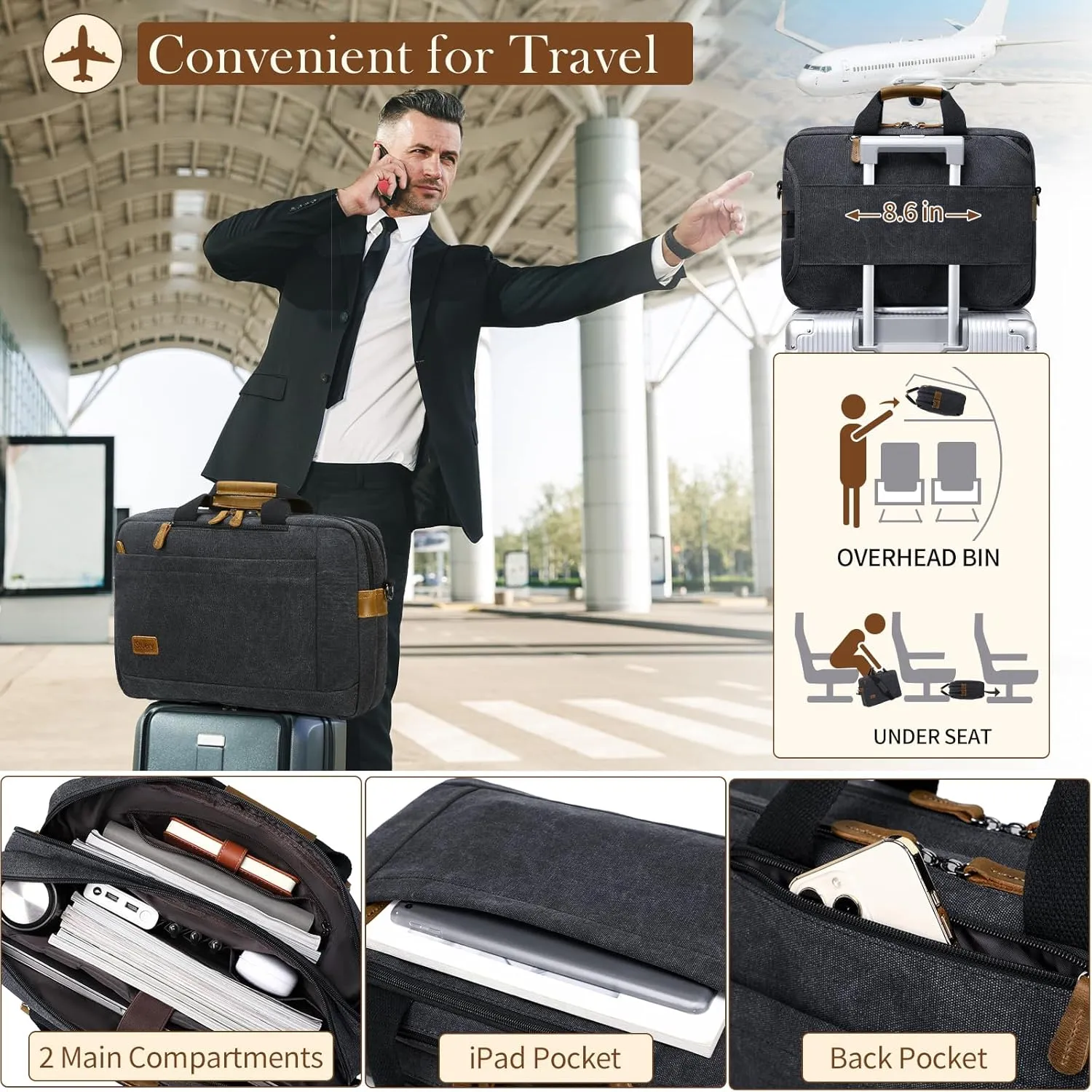 Convertible Backpack for Men 16 17-17.3 Inches Mens Laptop Bag - 3 in1 Computer Handbags Work Bag, Premium Canvas Messenger Bag Crossbody Bag Mens Laptop Backpack | Black